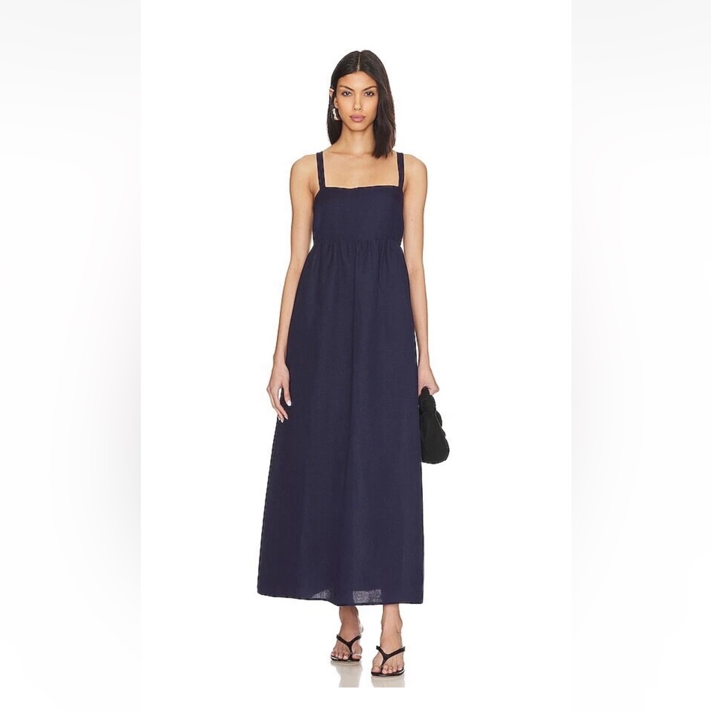L'agence Jessamy Navy Blue Empire Waist Linen Midi Dress Minimalist Resort Sz 8